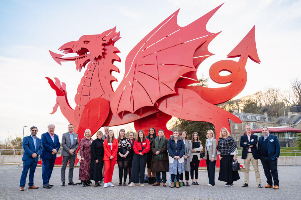 Welsh dragon background and Catapult staff in foreground 