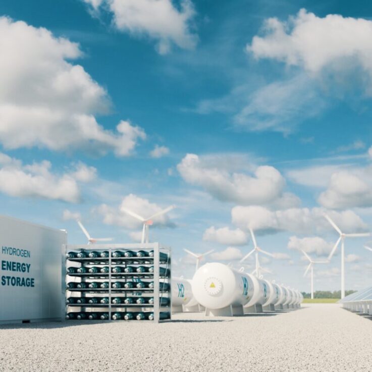 Hydrogen storage, wind turbines in the distance and solar panels